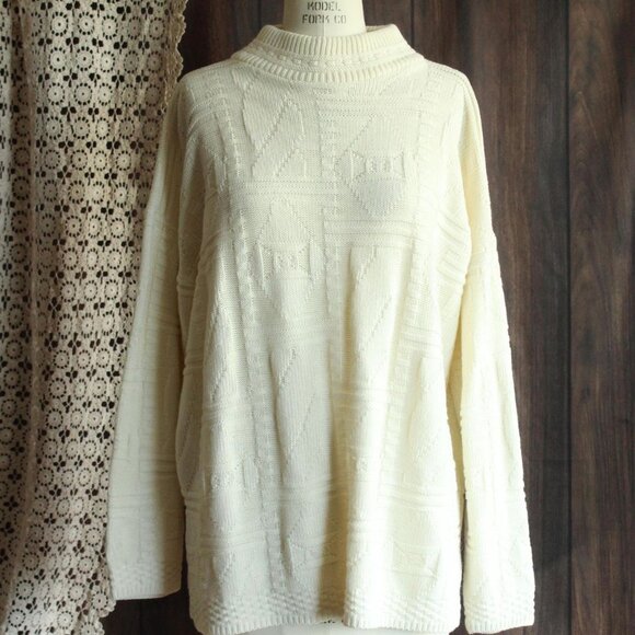 Vintage 1980s 1990s Sweater, Unisex Volup Turning Point White Mock Turtleneck - Picture 2 of 11